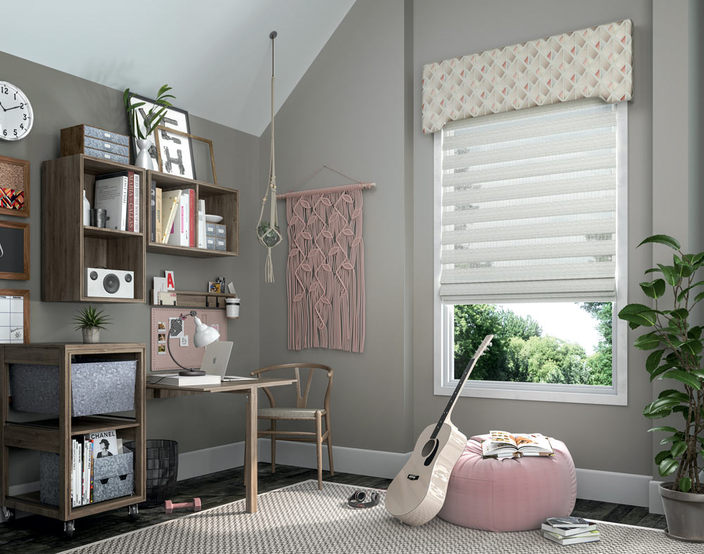 light gray Allure® Transitional Shade with a tan and pink Interior Masterpieces® Fabric Valance in a room with dark gray walls and pink decorations