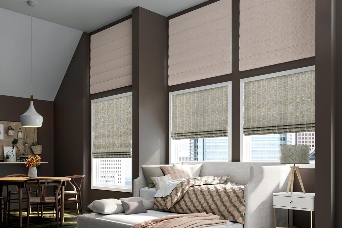 Motorized Manh Truc® Woven Wood Shades & Interior Masterpieces® Fabric Shades