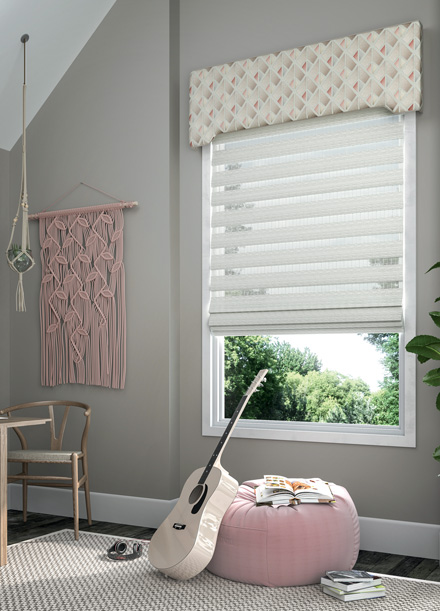 Allure® transitional shade with a custom Interior Masterpieces® cornice in a room with matching pink decorations
